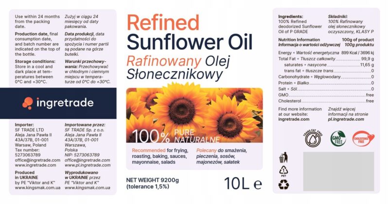 Ingretrade refined sunflower oil label