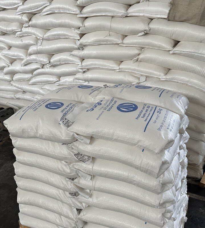 White sugar from Ukraine in PP bags on a pallet